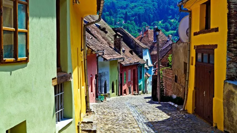 Colorful street at Sighisoara, Romania